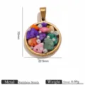 Stainless steel round pendant detail with colorful stones and pearls, size and weight specs. - Individual Packaging / Gold Macaron Stone Inlaid Pendant