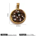 Stainless steel round pendant detail, featuring natural crushed stones and pearls, 32x22.5mm size. - Individual Packaging / Gold Tiger Eye Stone Inlaid Pendant