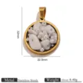 Stainless steel round pendant detail, featuring natural crushed stones and pearls in epoxy resin. - Individual Packaging / Gold White Marble Stone Inlaid Pendant