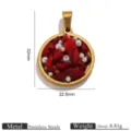 Detail shot of stainless steel round pendant with natural crushed stones and pearls, 32x22.5mm. - Individual Packaging / Gold Rose Red Stone Inlaid Pendant