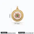Pendentif rond d'accessoire de bijoux DIY en acier inoxydable avec fleur brodée, 24x19.5mm. - Style Rond Fleur Rose Et Verte (6)