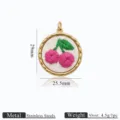 Pendentif de bijoux DIY en acier inoxydable avec motif de cerise rose brodé élégant. - Style Rond Cerise Rose (8)