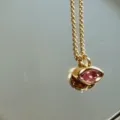 Gold marquise pink crystal pendant necklace, minimalist clavicle chain for women fashion. - Pink