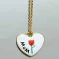 Gold chain necklace with white heart pendant, MOM letter and red tulip design for women gift. - Red Flower Heart