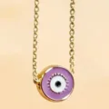 Goldfarbene Kette mit lila Schutzauge Anhänger runder Emaille Glücksbringer Damenschmuck - Hellviolett