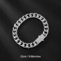 Stylish silver cuban link chain bracelet with rhinestone clasp, hip hop fashion jewelry 23cm. - 23cm / Silver