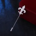 Silver rhinestone fleur-de-lis lapel pin men suit brooch accessory coat decoration classy jewelry - White Rhinestone (Silver Base)