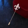 Rhinestone Fleur-de-lis Brooch Long Pin Suit Lapel Badge For Men Fashion Jewelry - White Rhinestone (Gold Base)