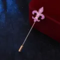 Elegant fleur-de-lis lapel pin with purple crystal rhinestones, nice suit accessory. - Fuchsia Rhinestone (Gold Base)