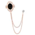 Vintage court style hollow gemstone lapel pin brooch with double chain tassel for men's suit - Black Gemstone (Gold Base)