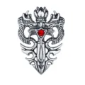 Prachtige vintage punk stijl dubbele draak zwaard broche met rode kristal voor heren. - Antiek Zilver