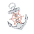 Maritime anchor and ship wheel brooch variant, two-tone metal design, naval fashion accessory. - Silver Anchor and Gold Helm