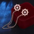 Fashion metal ship wheel collar pin brooch with tassel chain for men and women shirt decor - Gold (White Rhinestone)