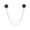 Elegant double chain collar pin with black stone and rhinestone for women shirt decor - Black Pearl (Silver Base)