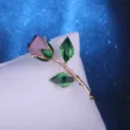 Exquisite purple fabric rose brooch with green enameled leaves and gold stem for evening party. - Dusty Pink