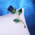 Exquisite blue fabric rose brooch with green enameled leaves elegant apparel accessory for party - Navy Blue