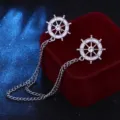 Silver-tone rhinestone ship wheel collar pin with tassel chain for unisex fashion style - Silver (White Rhinestone)