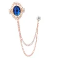 Retro gold-toned court brooch variant featuring a dark blue oval gem and double chain lapel pin. - Sapphire (Gold Base)