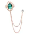 Vintage green gemstone brooch with double chain gold tone lapel pin for men suit fashion - Green Gemstone (Gold Base)