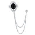 Vintage crystal rhinestone brooch pin with double chain for men suit collar fashion jewelry. - Black Gemstone (Silver Base)