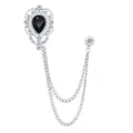 Elegante silberne Brosche mit schwarzem Tropfenstein und doppelter Kette Modeschmuck. - Schwarzer Edelstein (Silberbasis)