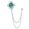 Vintage retro court style green gemstone brooch with double chains and rhinestone pin. - Green Gemstone (Silver Base)