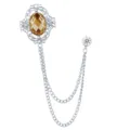 Vintage court style silver brooch with amber gemstone and double chain tassel for men suits. - Deep Coffee Gem (Silver Base)
