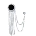 Men's fringe tassel suit brooch pin, black round centerpiece with silver chains and crystal. - Black (Silver Base)