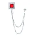 Herren britischer Stil quadratische rote Stein Brosche mit Doppelkette Anzug Nadel Variante - Roter Strass (Silber Basis)