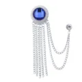 Vintage blue gemstone tassel brooch pin for men suit luxury metal chain badge accessory - Royal Blue Rhinestone (Silver Base)