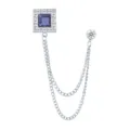 Herren quadratische Edelstein Brosche mit doppelter Kette Quaste Anzug Reversnadel - Dunkelblaue Strasssteine (Silberne Basis)