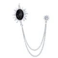 Herren Sonnen Broche mit schwarzem Strasskristall und doppelter Kette Anzug Anstecknadel. - Silber Basis Schwarzer Edelstein