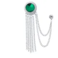 Vintage green gemstone tassel brooch pin for men suit, luxury metallic chain suit jewelry accessory - Green Rhinestone (Silver Base)