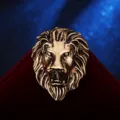 Vintage gold lion brooch close up, detailed animal design lapel pin for men winter coats. - Antique Gold