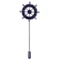 Details of the nautical ship helm stick pin, featuring dark blue rhinestone inlay on silver-tone metal. - Ship Wheel / Gunmetal