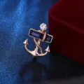 Men's Gold Anchor Brooch Navy Blue Crystal Rhinestone Suit Jacket Pin Badge Variant - Ink Blue (7124)