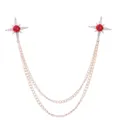Gold double chain collar pin with red crystal starburst, fashion shirt brooch accessory. - Gold (Red Rhinestone)