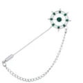 Men vintage nautical ship helm lapel pin silver tone metal green crystal brooch chain suit. - Rudder (Green Rhinestone) / Silver