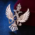 Goldene doppelköpfige Adler Brosche mit blauem tropfenförmigen Edelstein Kronen Anstecknadel - Goldene Basis Blauer Strass (Groß)