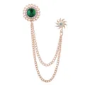Rose gold double chain brooch with green crystal and tassel design for men suit decor - Gold Green Stone
