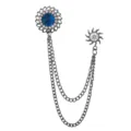 Vintage style men suit brooch with double sunburst design crystal chain decoration - Gun Black Aqua Blue Rhinestone