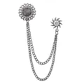 Vintage European court style men's brooch with double tassel chains and crystal sunburst charms. - Gunmetal Gray Rhinestone