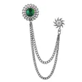 Vintage retro court style brooch with green crystal and dual metal tassel chains. - Gunmetal Black with Green Rhinestone
