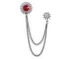 Vintage court style brooch with red crystal rhinestone sunburst and double metal chains for men. - Gunmetal Black with Red Rhinestone