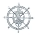Precioso broche de timón de barco y ancla con diamantes de imitación, estilo marinero chic. - Todo Plateado