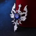 Broche retro de espada de doble dragón para hombre con piedra preciosa azul, traje. - Plateado