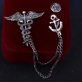 Retro silver tone caduceus snake and anchor brooch pin with chain for men suit jacket - Antique Silver
