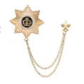 Men's gold crown starburst chain brooch badge, vintage tassel suit lapel pin accessory. - Gold