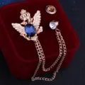 Vintage Herren Krone Doppeladler Brosche mit Kette Quaste fuer Anzug Reversnadel Schmuck. - Gold Basis Marineblau Strass