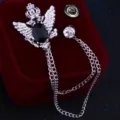 Vintage Doppeladler Brosche für Herren retro Krone Kristall Quaste Anzug Nadel Schmuck. - Silberne Basis Schwarzer Strass
